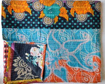 Indian Gudari Reversible Kantha Handmade Quilt Bedding Bedspread Vintage Queen KQ-08