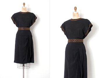 vintage 1940s dress / gold beaded 40s dress / black rayon (medium m)