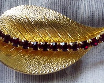 Leaf Style Brooch with Ruby Red Rhinestones