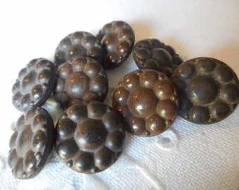 Set of 9 ANTIQUE Small Dotted Top Black Goodyear Rubber BUTTONS