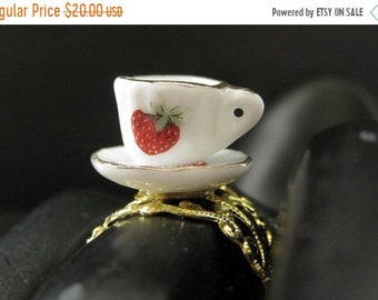 SUMMER SALE Strawberry Teacup Ring. Porcelain Tea Cup Ring. Gold Filigree Adjustable Ring. Handmade Jewelry.