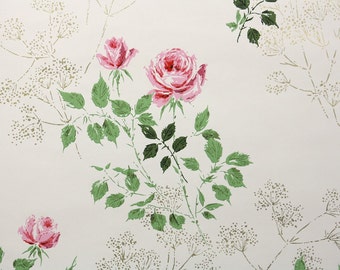 1960s Vintage Wallpaper by the Yard - Pink Roses on White
