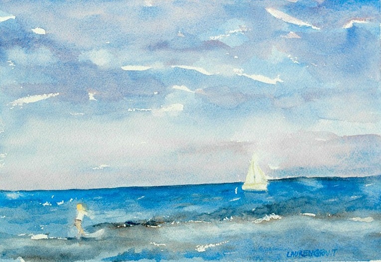 Landscape watercolor ocean scene impressionist style fine art