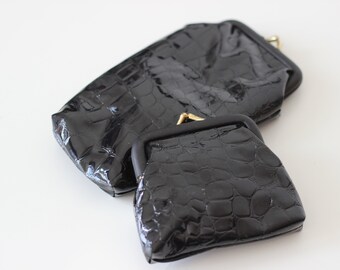 Vintage Schwarz Kroko Geldbörse Set Clip Portemonnaie Kleine Taschen Minitaschen Behälter Grunge Chic Alternativ Punk Gothic Festival Party