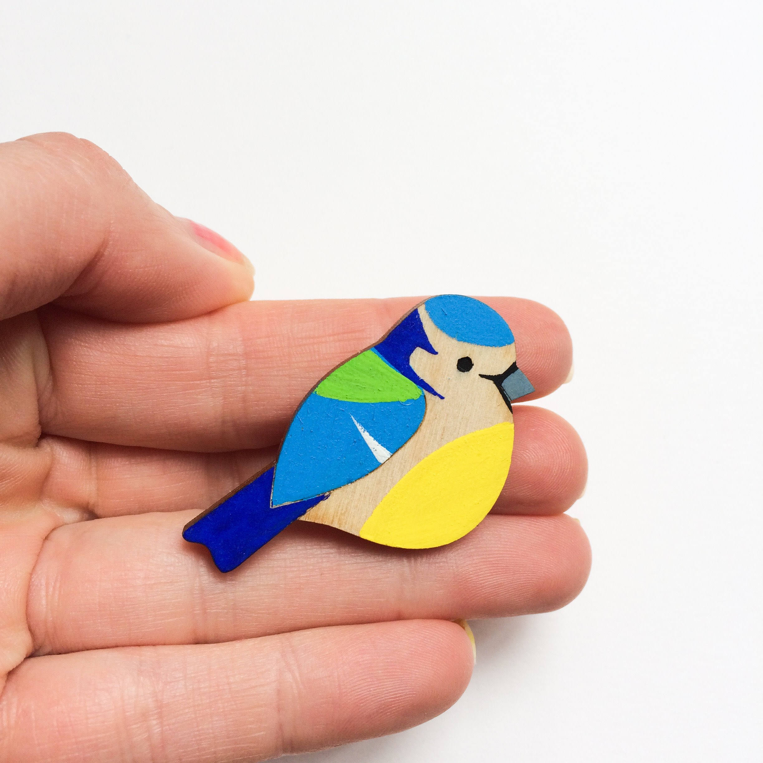 Hand painted wooden Bluetit pin. Bird brooch. Bird lover Bird