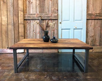 Industrial Reclaimed Wood Coffee Table / H-Shaped Steel Legs