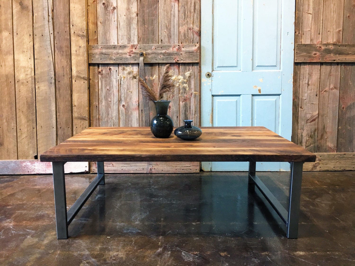 Industrial Reclaimed Wood Coffee Table H Shaped Steel Legs