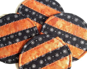 Halloween Fabric Coasters, Round Mug Rugs, Quilted Coaster Set, Orange Black