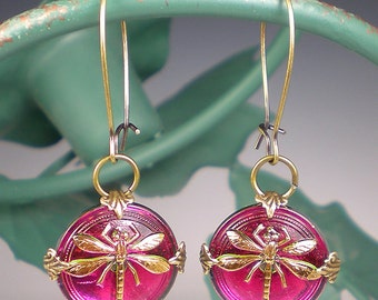 Dragonfly Earrings Raspberry Pink Czech Glass Buttons Oxidized Brass Dragon Fly Jewelry