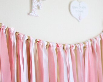 Ribbon garland. Bunting fabric garland, pink and gold garland.First Birthday decoration.Ribbon Banner. Wedding, nursery room. Satin ribbon.