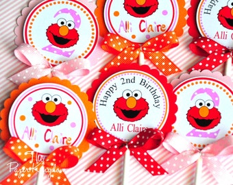 Elmo Cupcake Toppers, Elmo Birthday Party, Girl Elmo Party, Cupcake toppers with bows