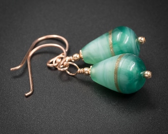 Venetian murano glass earrings genuine Venetian Murano glass and rose gold earrings aqua gold glass earrings venetian glass jewelry