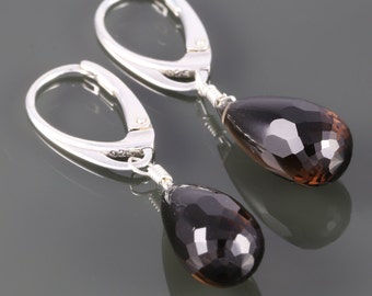 Smoky Quartz Drop Earrings. Sterling Silver. Lever Back Ear Wires. Genuine Gemstones. f16e053