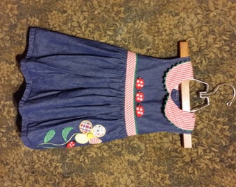 3T - Little girl red white and blue checker dress, with three lady bugs on the waist ,one tall daisy with one lonly lady bug attached to it.