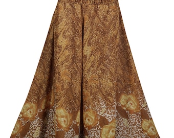 Womens Vintage Upcycled Silk Sari Divided Long Skirt Brown Split Maxi Skirt Smocked High Waist Flare Wide Leg Pant S/M