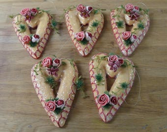 Valentines Day heart ornies set/5 covered in mica ornaments