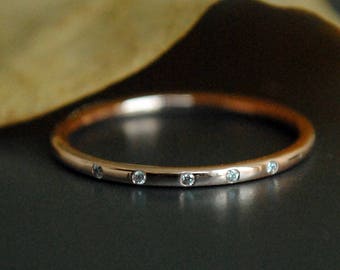 5 Diamond Ring. 1mm Flush Set Diamond 14K Solid Gold Thin Wedding Band. Skinny Gold Stacking Ring. Simple Gold Ring. Mid Ring, Knuckle Ring