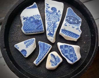 Seaglassed Blue and White China Sea-Tumbled China For Jewelry or Crafts Loose (7)
