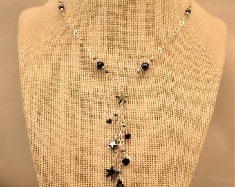 Y Cluster Necklace in Sterling Silver-Black with Stars