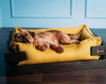 Dog bed dreamer BROWN wooden frame + MUSTARD lounger couch / Yellow Pet couches for large and small dogs / Dog mattress bed