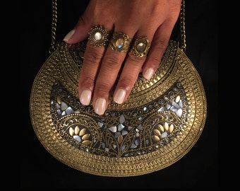 Oria - metal stone bag - ethnic clutch - tribal bag - ornate bag - vintage bag - boho clutch - indian bag - mother of pearl purse