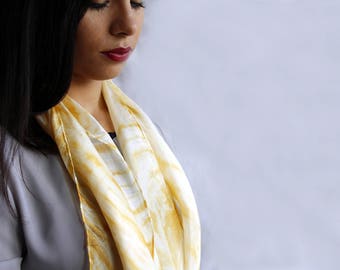 delicate light and soft silk scarf, hand dyed with natural tint with the arashi shibori technique/yellow/100%silk/55x18 in