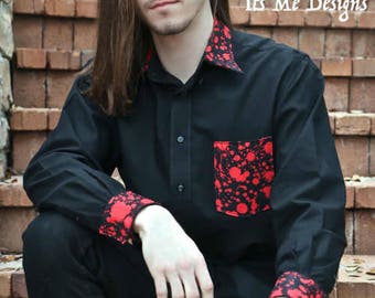 blood splatter Dracula mans button down dress shirt size medium Its Me Designs rocker stage wear up-cycled goth fashion tattoo macabre
