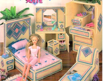 Plastic Canvas Fashion Doll Contemporary Diamonds Water Bed Suite furniture pattern fits Barbie, designer Nanette Seale Annie's Attic 879006