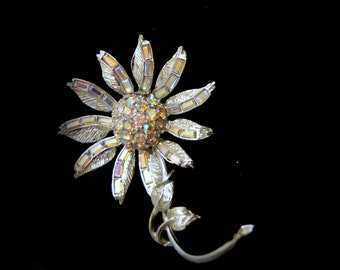 Vintage Silver Tone Aurora Borealis Rhinestone Flower Brooch Pin