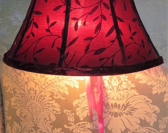 Victorian Style Bed Lamp Velvety Deep Burgundy Leaves on Elegant Shade