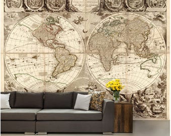 world map wall mural vinly wall mural vintage old map mural self