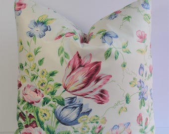 Designer Floral Rose polished cotton Decorative throw pillow - Waverly chintz scotchgard finish - rose pink blue green yellow white 16 18