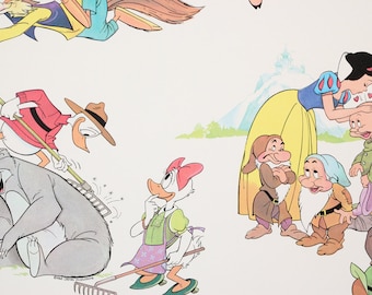 1980's Vintage Wallpaper Disney Snow White Seven Dwarfs Goofy Bambi Mickey Minnie Mouse by the Yard