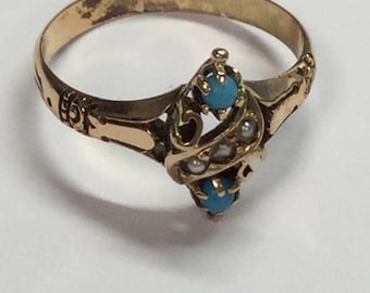 Vintage Victorian 9k Rosey Gold Turquoise and Pearl Ring