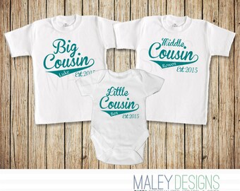 Cousin Set of Three Shirts, Big Cousin, Middle Cousin, Little Cousin, Cousin Shirts, You Choose the Names, Colors, and Dates!