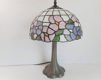 Stained Glass Lamp with Blue and Pink Flowers