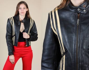 Vintage Leather Jacket // 80s Oakwood Classic Striped Moto Coat - Small