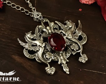Seahorse Necklace with Red Gem - Statement Necklace - Gothic Jewelry