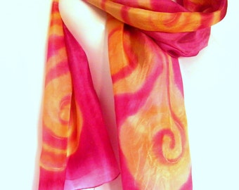 Handpainted Silk Scarf, Hand Painted Silk Scarf, Fuschia Red Golden Yellow, Swirls Abstract
