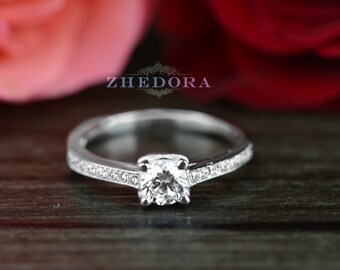 0.85 Ct Round Cut Engagement Wedding Ring with Accent Channel Set 14k White Gold Bridal