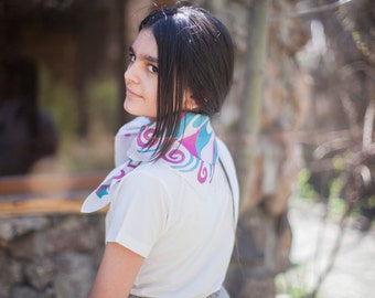 Cherry red and blue silk scarf. Hand painted silk . Hand painted silk scarf. Ready to ship.