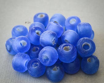 Perles verre, Perles artisanales indiennes en verre dépoli, rondes, rustiques, ethniques, tribales, bleu, larges trous, 9mm, 20 PCS