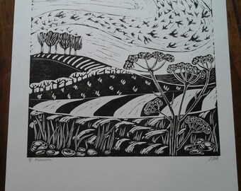 Murmuration. Original Lino Cut Print.