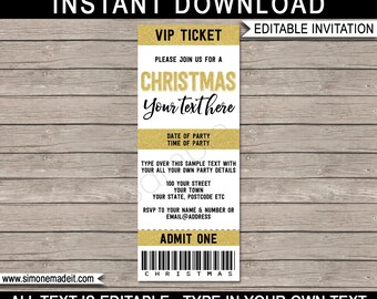 Printable Christmas Party Ticket Invitation Template with Gold Glitter - INSTANT DOWNLOAD with EDITABLE text - you personalize at home