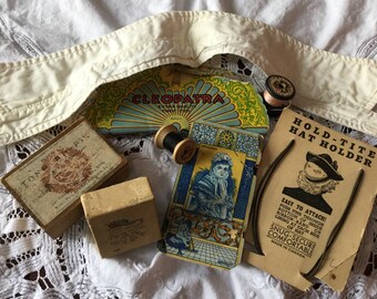 Assortment Lot Antique Vintage Sewing Supplies Man's Button on Collar Needles Boxes Elastic Wooden Spool 1930's 1940's Black Thread