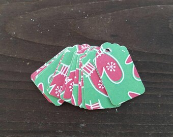 12 Red and Green Mittens with Snowflakes Christmas Gift Tags, small favor tags, retail jewelry tags, handmade holiday party favors 1 inch