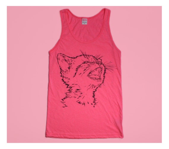 Neon Pink Kitty Cat Screenprinted Tank Top