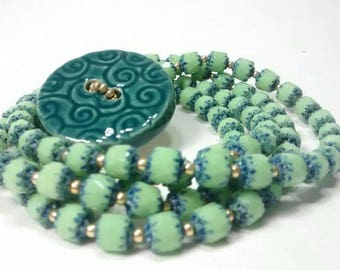 Teal Green Blue and Gold Wrap Bracelet