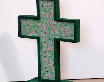 Small standing wooden cross with polymer clay inset - green