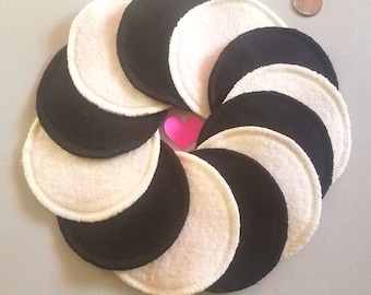 12 large reusable hemp fleece facial cleansing pads makeup remover cotton rounds washable organic poufs eco-friendly black/white